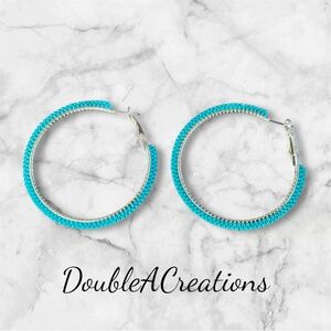 Turquoise Beaded 2” Hoops, New, Handmade by Me